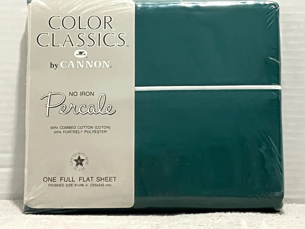Vintage Cannon Color Classics Full Flat Sheet Hunter Green No Iron Percale USA